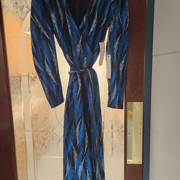 NWT Happy x Nature | Kate Hudson Alpha Wrap Maxi Dress Boho Blue Feather small - Picture 3 of 6